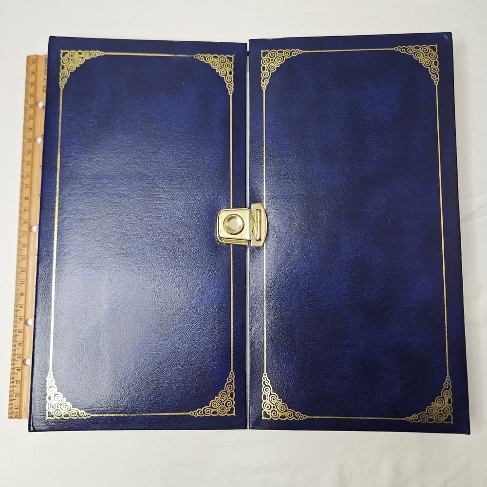 Vintage Navy Blue Faux Leather Trifold Photo Album Gold Filigree Latch‎ 12x13
